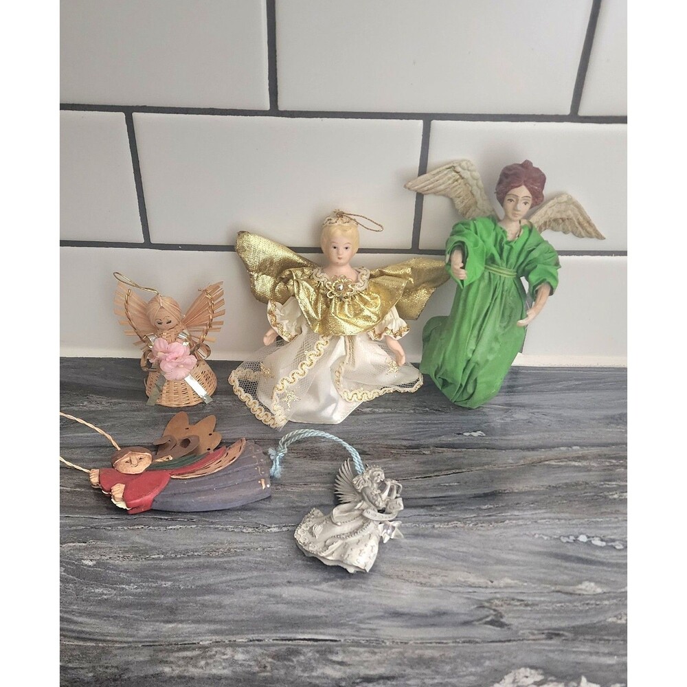Vtg Christmas Angel Ornaments Lot 5 Avon Pewter Porcelain Straw Papier Mache